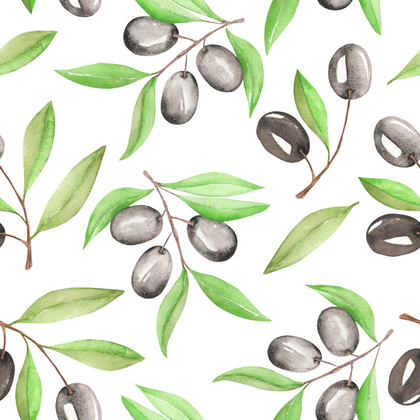 A seamless pattern with the watercolor branches of black olives on a white background - Photo, Image