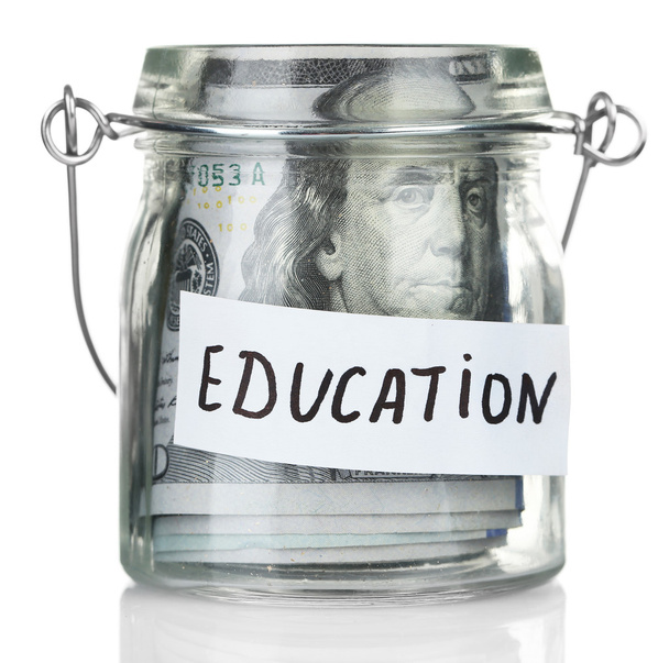 Glass jar with banknotes for education - Foto, Imagem