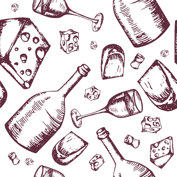Wine seamless pattern. Hand drawn wine elements. Vector illustration - Vetor, Imagem
