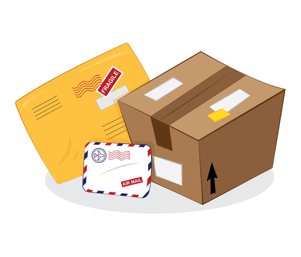 postal services: package, yellow envelope, letter envelope - Вектор, зображення