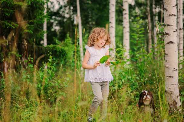 cute child girl playing with leaves in summer forest with her dog. Nature exploration with kids. Outdoor rural activities. - Foto, immagini