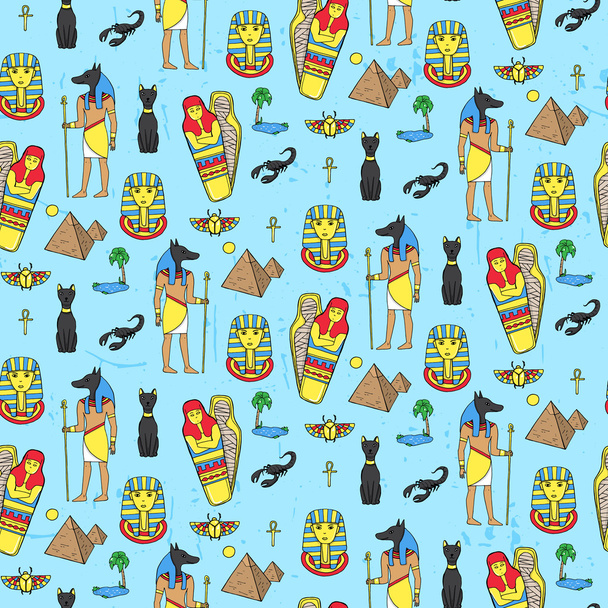 Seamless pattern with egyptean elements such as anubis, mummy, p - Vector, imagen