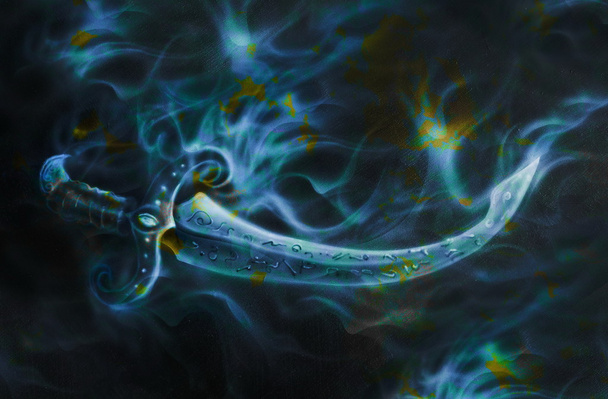 Ornamental Sword in fire with spots, Original painting and computer collage. - Photo, Image