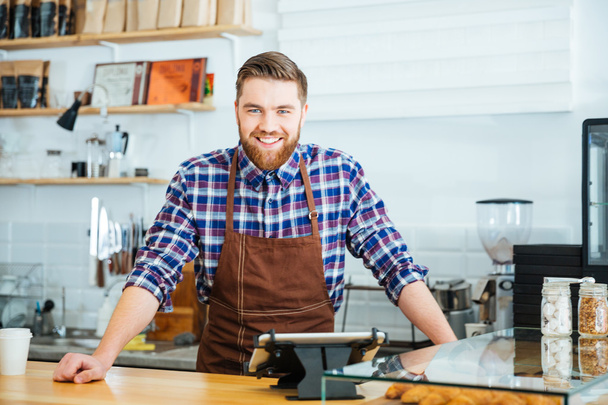 Happy handsome barista in checkered shirt and brown apron  - Фото, изображение