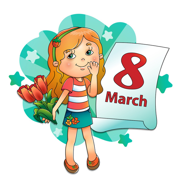 March 8. Girl with bouquet of tulips with a calendar  - Vektör, Görsel