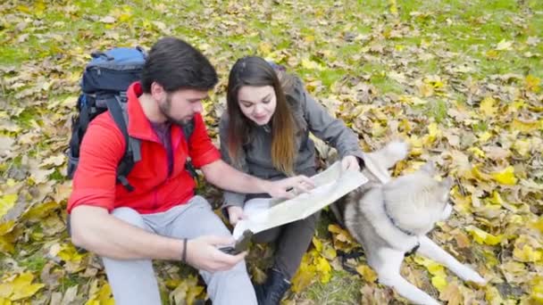 a túrázók és a husky kutya, egy papír térképet az őszi erdő pár - Felvétel, videó