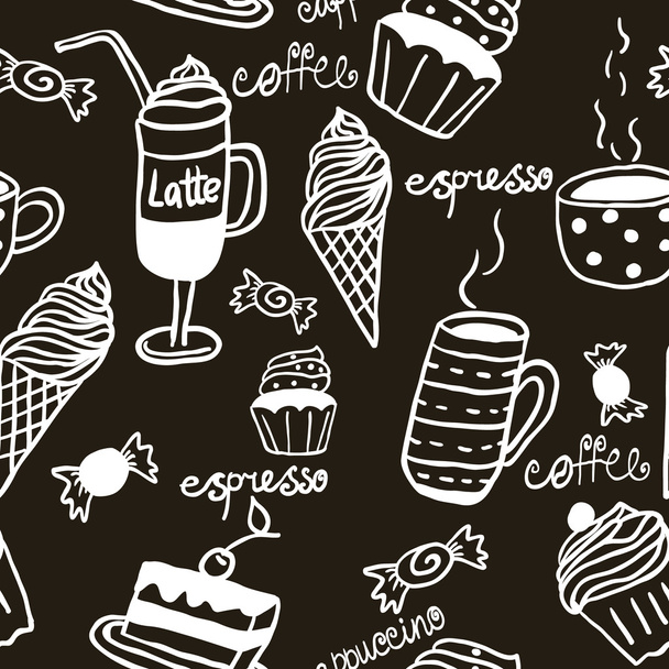 Sweet seamless pattern with drinks and sweets - Vektor, obrázek