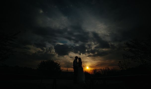 Silhouette az esküvő pár mező - Fotó, kép