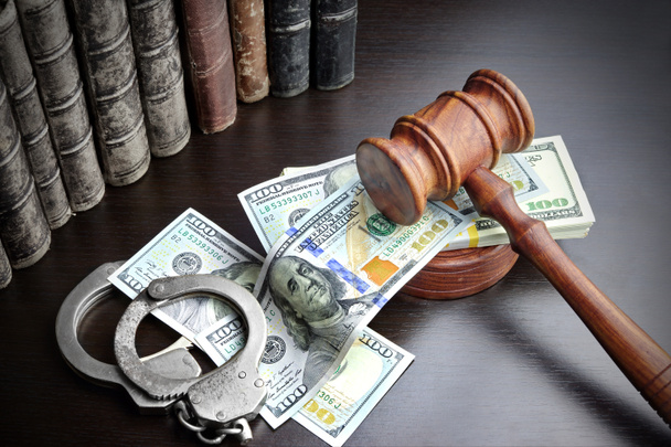 Judges Gavel, Handcuffs, Dollar Cash And Book On  Black Table - Fotó, kép