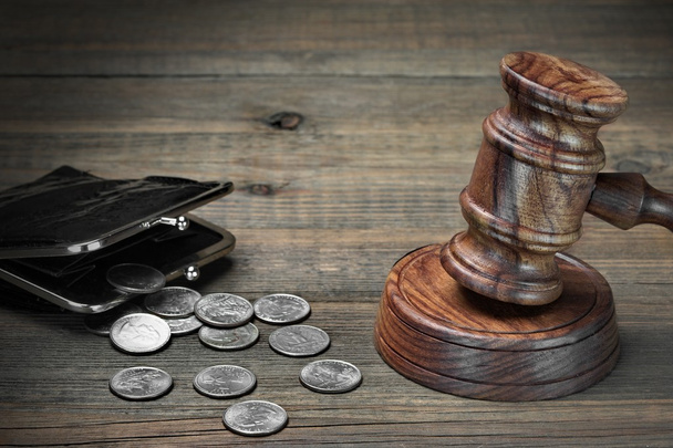 Gavel, Empty Purse, Coins, And Old Book On Wooden Table - Фото, зображення