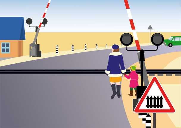 Rules of road. Regulated railway crossing. - Vector, Image