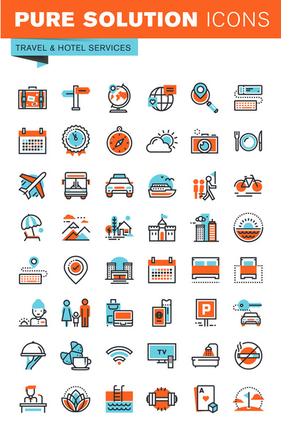 Thin line web icons for travel and tourism, hotel facilities, online booking, for websites and mobile websites and apps. - Vector, Image