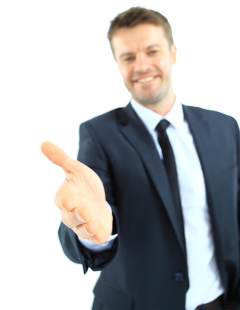 Portrait of happy smiling businessman giving hand for handshake, isolated on white background - Φωτογραφία, εικόνα