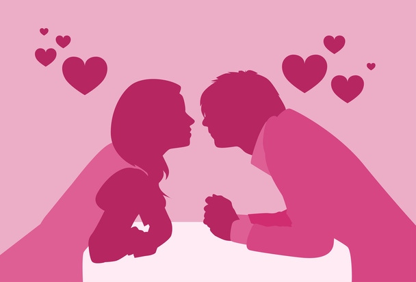 Couple Sitting Cafe Table Kiss Romantic Date Pink Color Silhouettes - Vecteur, image