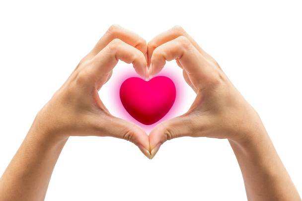 pink heart in man hands, isolated on white background. - Photo, Image