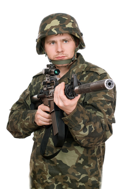 Bewaffneter Soldat zeigt auf m16. Obere Hälfte - Foto, Bild