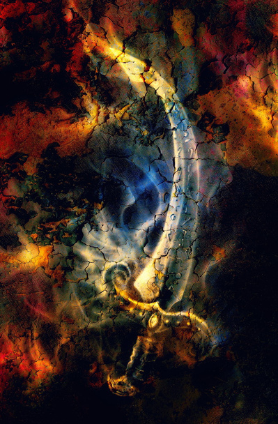 Espada ornamental em fogo e crepitar deserto com manchas, pintura original e colagem de computador. - Foto, Imagem