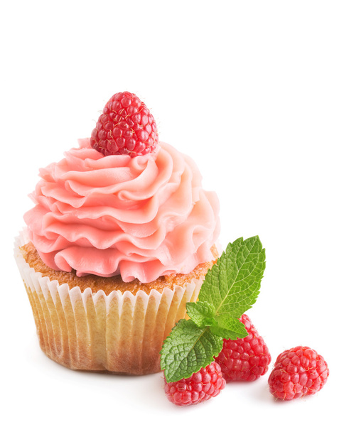 raspberry cupcake with fresh berries isolated on white - 写真・画像