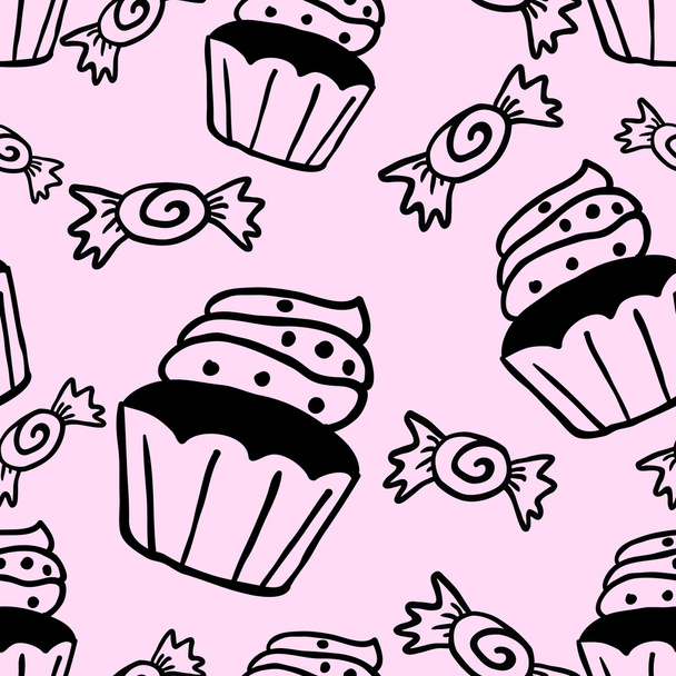 Cupcakes sweets seamless doodle vector pattern - Vektör, Görsel