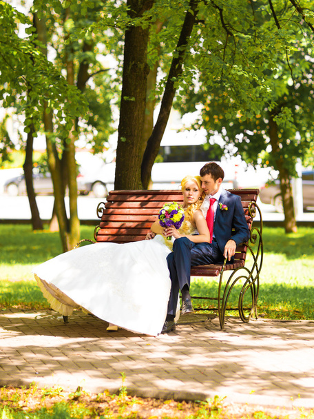 Bride and groom  on the bench in a park - Photo, Image