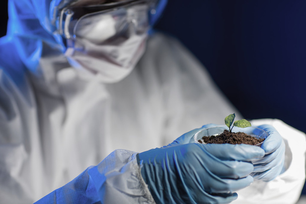 close up of scientist with plant and soil in lab - Photo, image