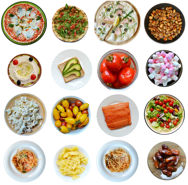Collage de diferentes tipos de alimentos saludables y poco saludables aislados en blanco
 - Foto, imagen