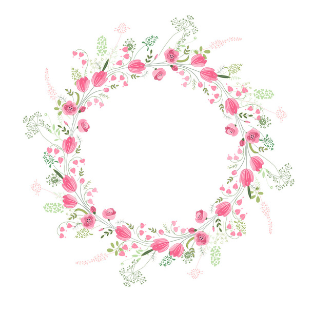 Round frame with contour tulips on white - Vector, imagen