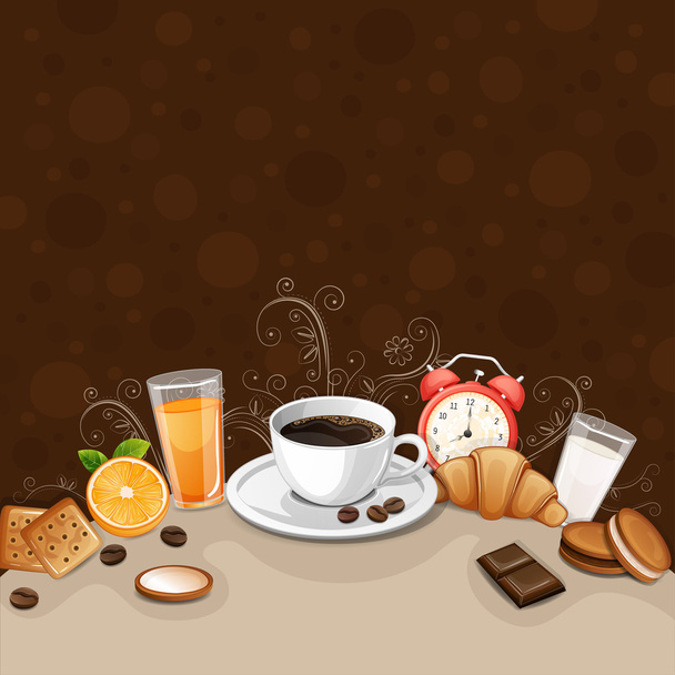 Aamiaistausta kahvilla, croissantilla, kekseillä ja kekseillä
. - Vektori, kuva