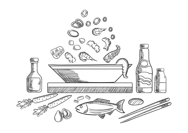 Схема страви з морепродуктів з рибою та овочами
 - Вектор, зображення