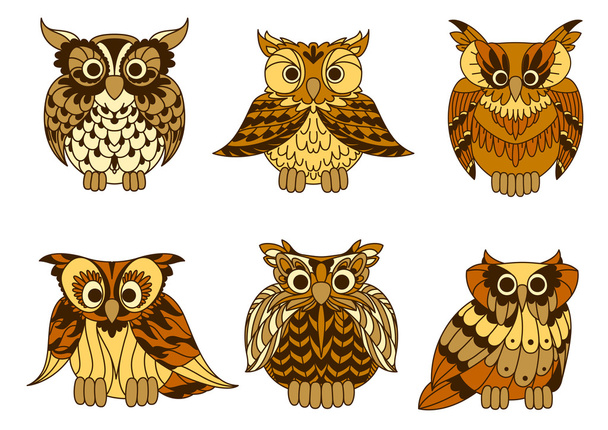 Great horned owls with mottled brown plumage - Vector, Image