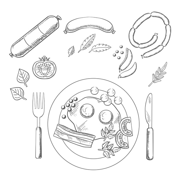 Завтрак с продуктами и колбасой
 - Вектор,изображение