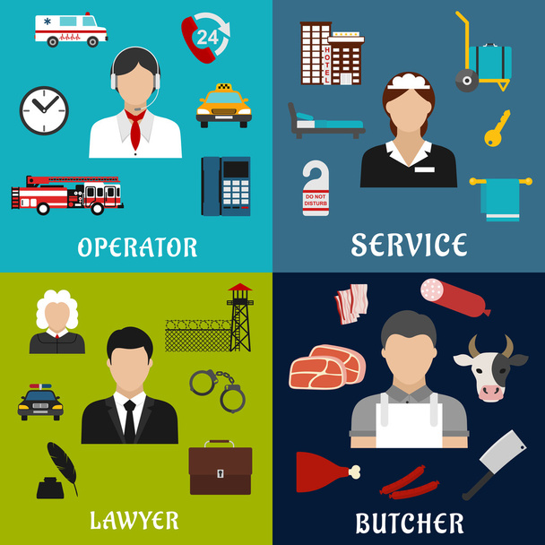 Phone operator, lawyer, maid and butcher icons - Vektor, kép