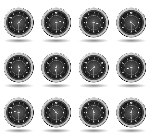 Set of black clocks for business hours. Half past hours version - Vector, Image