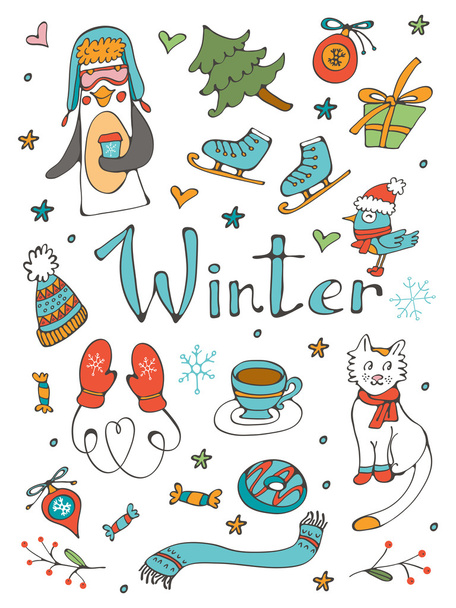 Coleção incrível de elementos gráficos desenhados à mão relacionados com o inverno
 - Vetor, Imagem