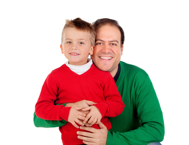 Kind im roten Trikot mit Papa  - Foto, Bild