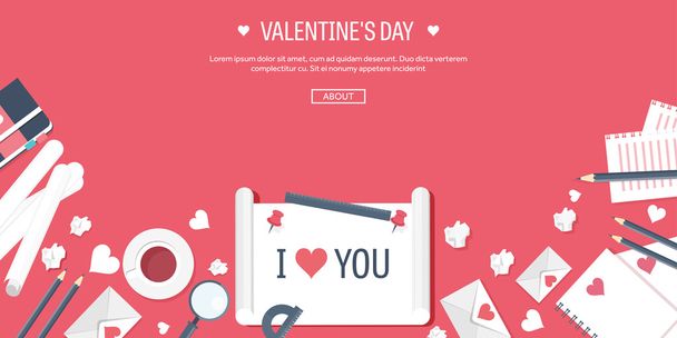 Vector illustration. Flat background with paper, envelope. Love, hearts. Valentines day. Be my valentine. 14 february. - ベクター画像