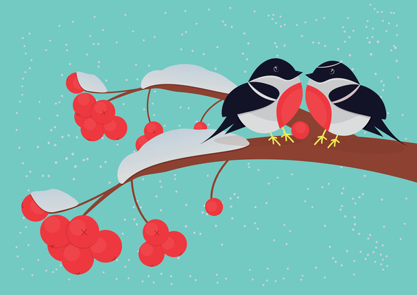 Valentijn kaart twee Goudvink zittend op een tak van een mountain-ash. - Vector, afbeelding