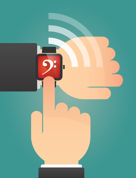 Hand pointing a smart watch with an F clef - Vector, Image