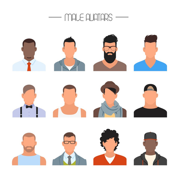Avatar masculino iconos vector conjunto. Personajes de la gente en estilo plano. Rostros con diferentes estilos y nacionalidades
. - Vector, Imagen