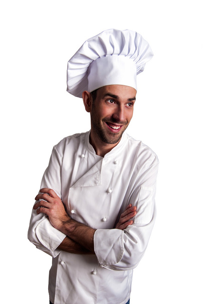 Male chef portrait smiling against white background. - Foto, afbeelding