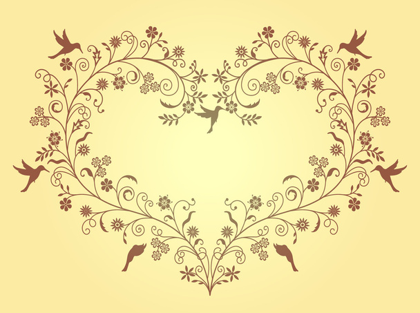 The heart of the flowering branches and birds on a yellow background - Vector, Image