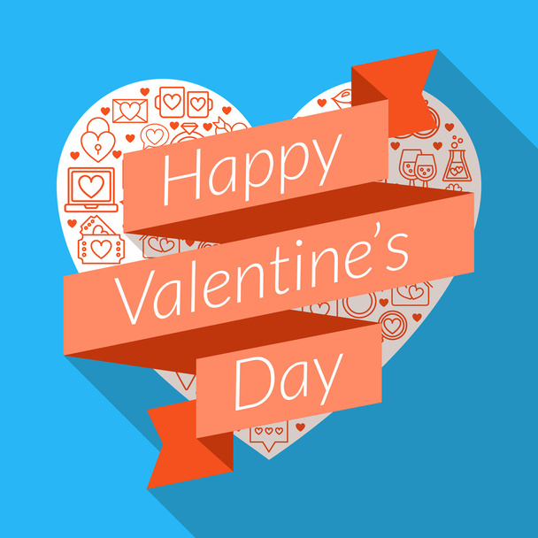 Happy Valentines Day Greeting Card Design. Vector Illustration in Flat Style. Ribbon with Text on the White Heart with Icons - Vector, imagen