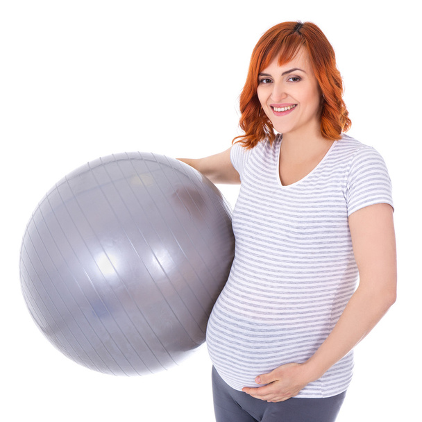 young pretty pregnant woman with fitball isolated on white - Φωτογραφία, εικόνα