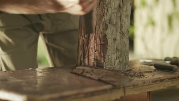 6sochař čištění pracovní stůl ze dřeva a sekání socha - Záběry, video
