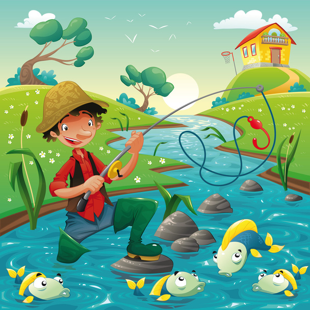 漁師と魚と漫画のシーン. - ベクター画像