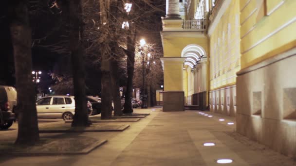 Uitzicht op straat met gele buiding en bomen in de stad van de nacht. Verlichting lampen. - Video
