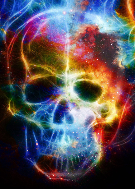 頭蓋骨と頭蓋骨の効果。色空間の背景、コンピュータのコラージュ。NASAによって提供されたこの画像の要素. - 写真・画像