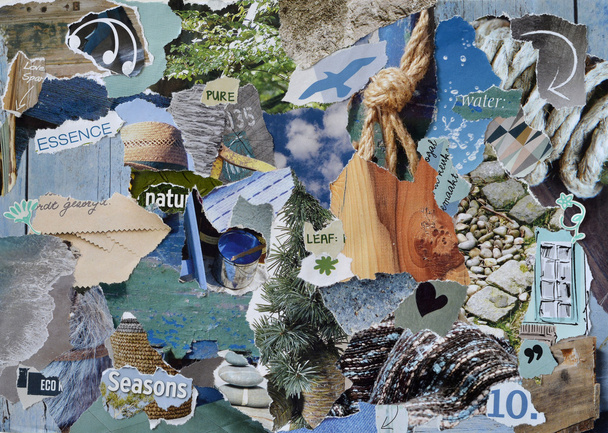Atmosphere mood board collage sheet in color blue, grey and brown made of teared magazine paper with figures, letters, colors and textures, results in nature sea art - Photo, Image