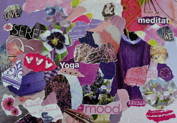 Atmosphäre Mood Board Collage Blatt in lila, rosa und indigo Farbe aus zerrissenem Zeitschriftenpapier mit Zahlen, Buchstaben, Farben und Texturen, Ergebnisse in sereneart - Foto, Bild