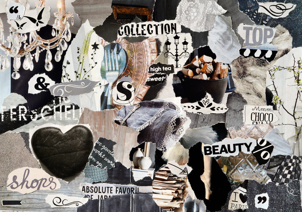 mood board ,collage atmosphere sheet  with elegance elements with white, black and gray, and blue with heart , butterflies, ballet,flowers , home,and fabrics - Photo, Image